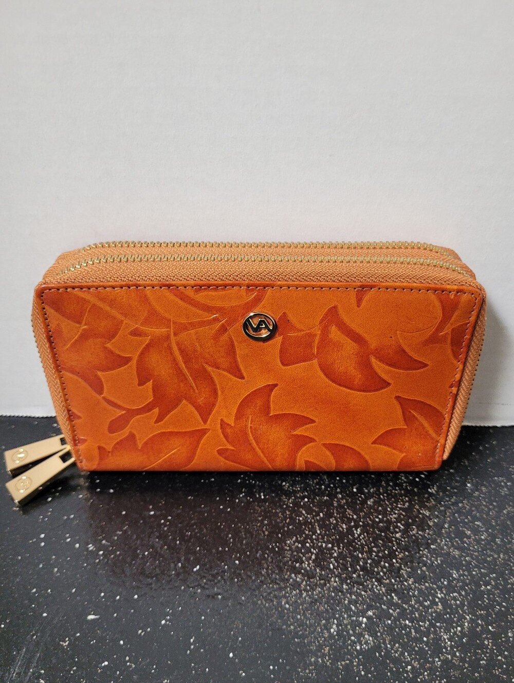 Valentina Leather Leaf Embossed Double Zip Wallet